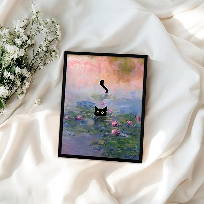 Krtoni Framed Funny Black Cat Canvas Wall Art, Black Cat in the Pink Water Lily Wall Decor, Vintage Preppy Aesthetic Animal Posters Prints for Living Room Bedroom Bathroom Decor 16''L x 12''W