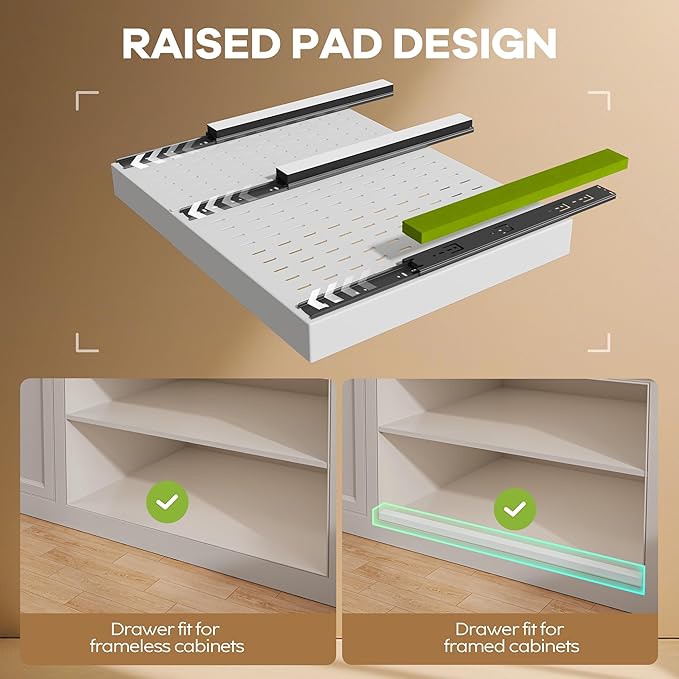 4 Pack Pull out Cabinet Organizer 21" Deep With Raising Pad for Framed Cabinets,Expandable (15.2"-26.3"W) Slide out Drawers for Kitchen Cabinets with 4pcs Divider Racks,Roll out Shelves,White
