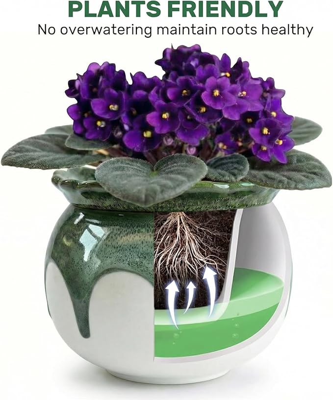 African Violet Pots, 6 Inch Self Watering Pots for Indoor Plants, Easy Plant Self Watering Planter, Ceramic Plant Pot with Absorbent Inner Pot for Flowers - Gradient Green (No Plants)