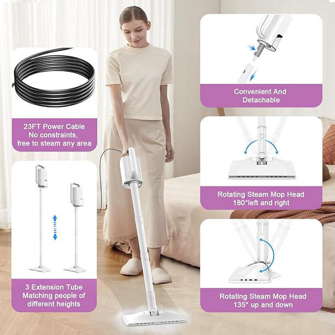 7-in-1 Steam Mop, 1200W Rotated Steam Cleaner for Home, 2 Modes, 400ML Removable Tank, 23FT Cord, 2 Washable Pads, Multi-Surface Steamer for Hard Floor, Laminate Floor, Tiles Cleaning（Onion White）
