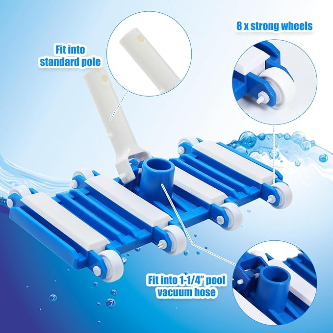 3 Pcs Pool Vacuum Cleaning Kit Vacuum Head Right Corner with Flexible Wheels, 1-1/4" x 18ft Hoses and Skimmer Net Maintenance Accessory Tool for Inground Pool Cleaning
