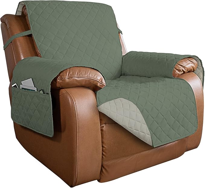 PureFit Reversible Quilted Sofa Cover, Water Resistant Slipcover Furniture Protector, Washable Couch Cover with Non Slip and Elastic Straps for Kids, Dogs (Oversized Recliner, Greyish Green/Beige)
