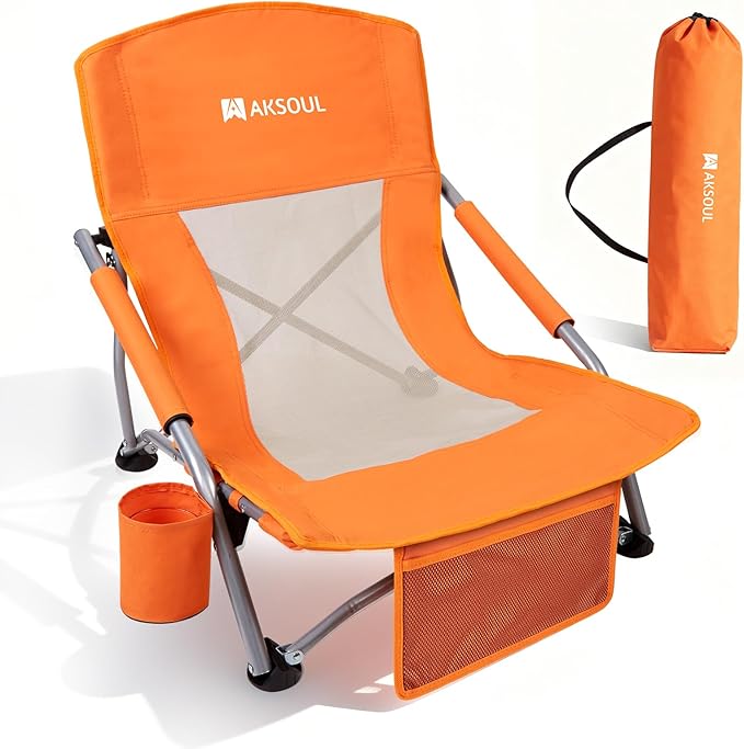 AKSOUL Folding Beach Chair for Adults: Low/High Back Chairs with Carry Bag - Extra Wide Seat Chair with Comfortable Pillow & Storage Pocket (1 Pack & 2 Pack, Blue)