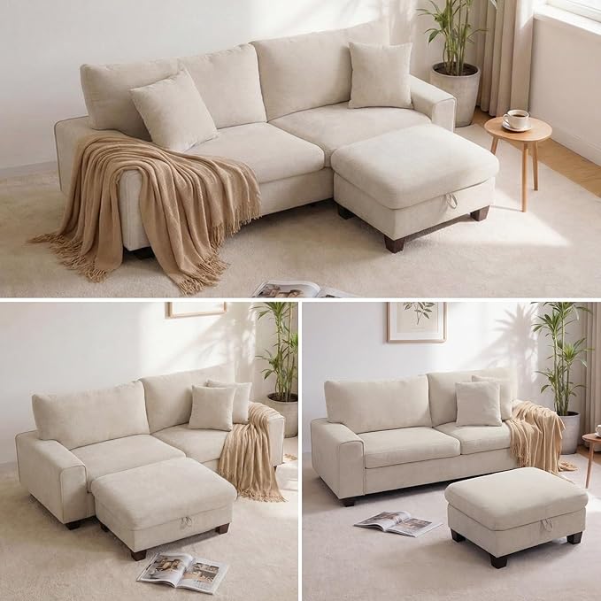 DOPEDIO L-Shaped Sectional Sofa with Storage Ottoman, Modern Chenille Recliner Loveseat, Removable Couch Covers, Pocket Spring Cushions, Solid Wood Frame, Easy to Install (88.58inch, Beige)