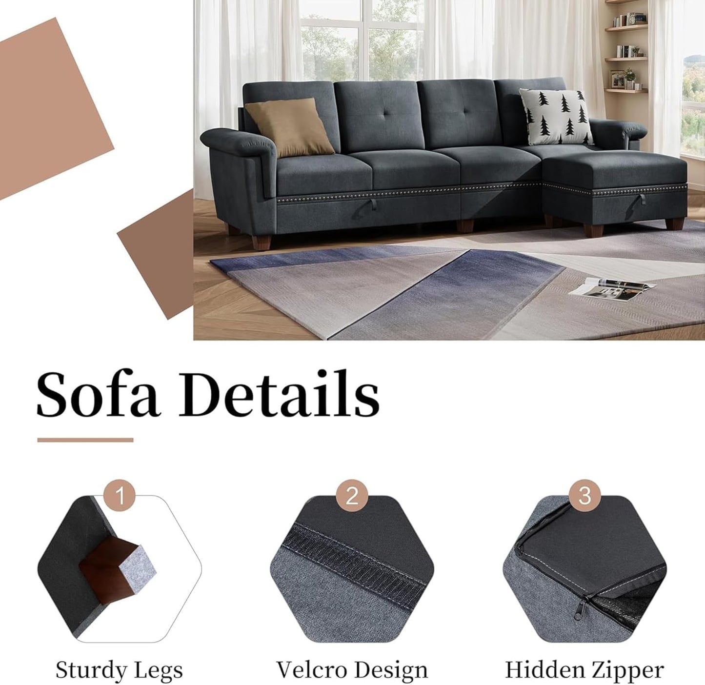 JAMFLY 108" Modular Sectional Sofa with Storage, L Shaped Sofa Couch with Reversible Ottoman, 4-Seat Convertible Sectional Couches with Cup Holders for Living Room, Apartment, Dark Grey