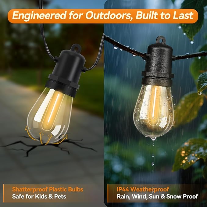 30FT LED Outdoor String Lights Dimmable Shatterproof S14 Bulbs IP44 Weatherproof Hanging Lights for Small Patio Balcony Tent DIY Project