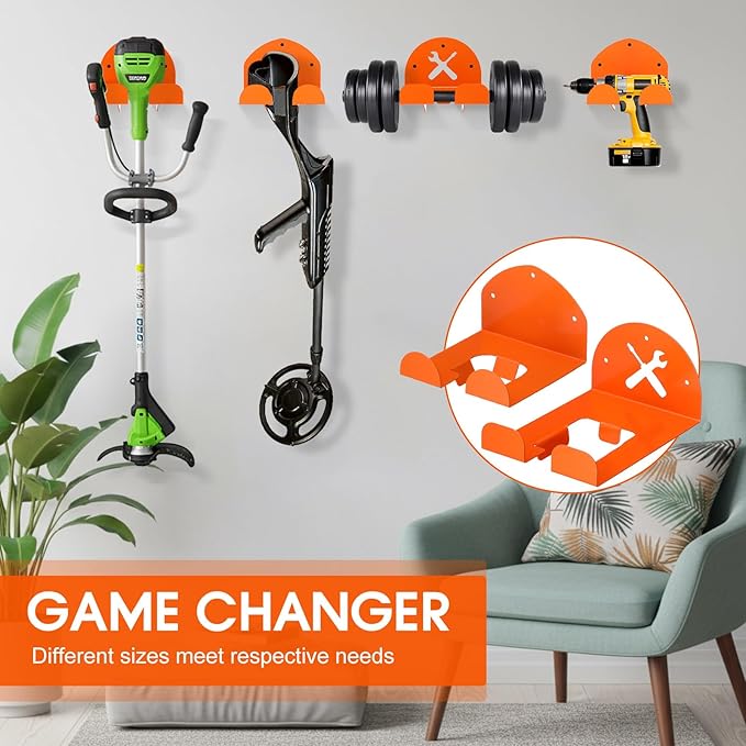 4 Pack Upgraded Trimmer Rack Wall Mount 8" and 5.9" Heavy Duty Weed Eater Hanger for Garage Wall Bracket Garden Power Tool Holder Organizer Hooks for Grass Hedge Trimmer, Leaf Blower, Chainsaw