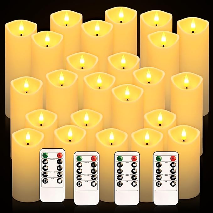 24 Packs of flameless LED Pillar Candles with Remote Control timers and Flashing Battery Operation for Halloween, Christmas and Wedding Home Decoration