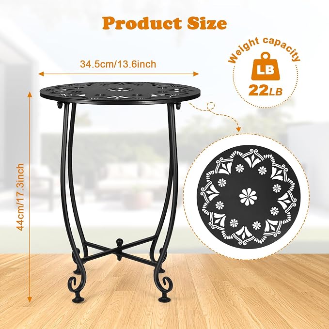 14 Inch Outdoor Side Tables for Patio, Weather Resistant Steel Patio Side Table, Small Round Outdoor End Table Metal Side Table for Patio Yard Balcony Garden Black (Color3-Flowers)