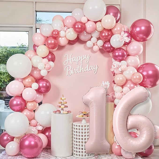 Light Pink Sweet 16th Birthday Balloon for Girls, 40 Inch Self Inflating Mylar Number 16 Balloons, Big Blush Pastel Pink Foil 1 & 6 Helium Balloon 16 for Women Coquette 16th Birthday Party Decorations