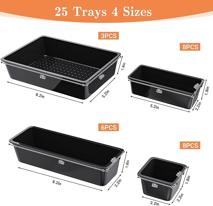 25 PCS Plastic Drawer Organizer Set, 4-Size Versatile Organizer Trays & storage Bins for Makeup, Jewelry, and Gadgets in Bathroom, Bedroom and Office, Black