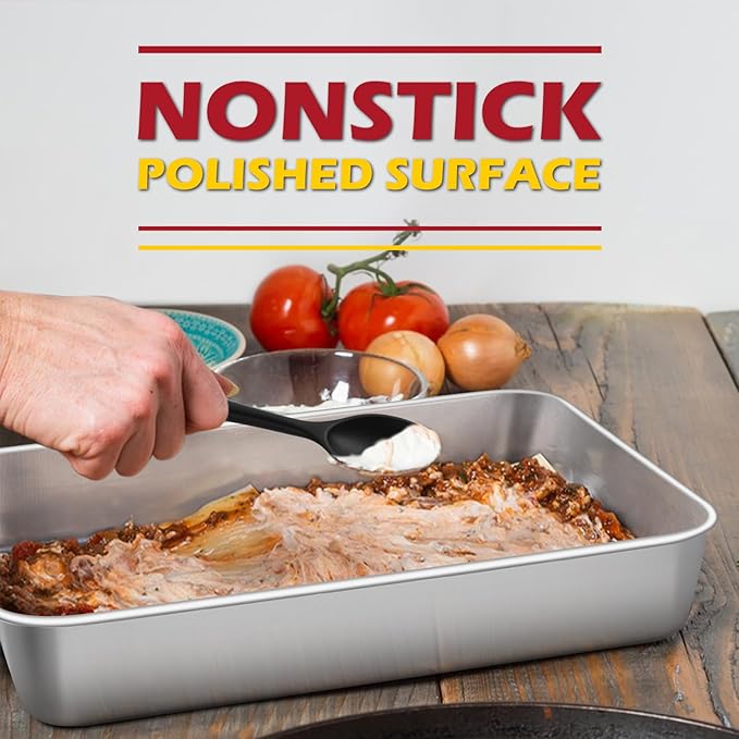 Leonyo Stainless Steel Baking Trays, 9.3 x 7 Inch Bakeware Cake Pan, Rectangle Lasagna Pan for Commercial Kitchen, Focaccia Bread, Casserole Dish - 2 Inch Deep