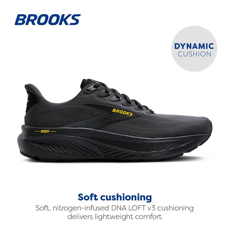 Brooks Men’s Ghost 17 Neutral Running Shoe - Ebony/Black/Yellow - 12.5 Medium