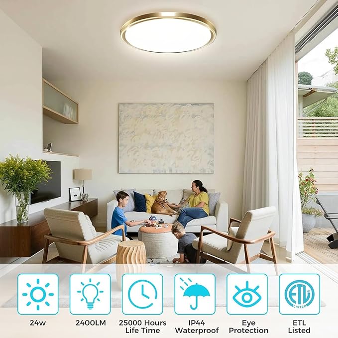zemty 2Pack LED Ceiling Light Fixture, 6.5-Inch 12W 1200lm Small Flush Mount Light, Adjustable 3000K 4000K 6500K Color Temperatures, Round Flat Recessed Lamp for Kitchen Closet Hallway Laundry, Gold
