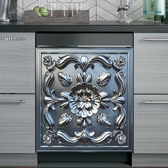Stainless Steel Flower Pattern Dishwasher Magnetic Cover 3D Effect Decorate Panel Decal for Refrigerator Fridge Magnet Beautiful Flowers Magnets for Kitchen Home 23"x26"