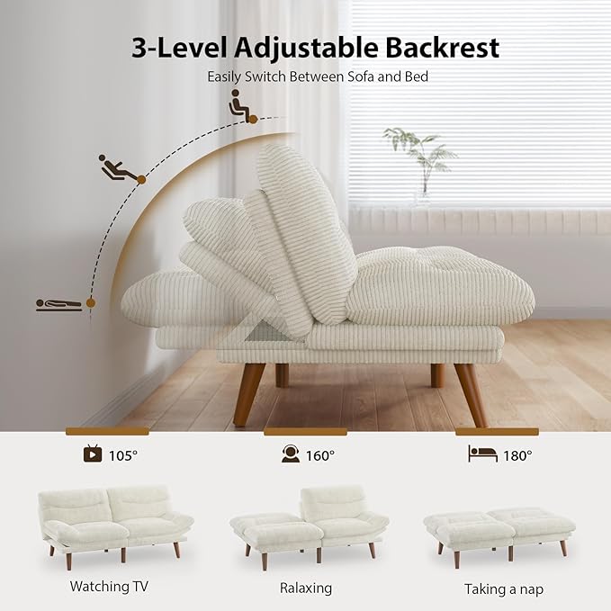 Pipishell Futon Sofa Bed, 66 Inch Corduroy Futon Couch Convertible with Adjustable Backrest and Armrests, Recliner Sleeper Sofa for Small Spaces, Living Room, Office, Guest Room (White, 66 Inch)