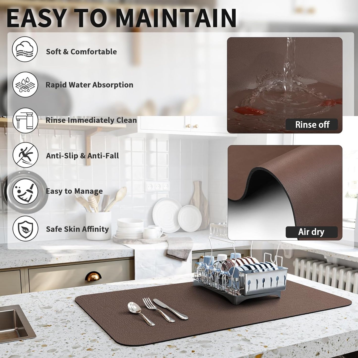 Dish Drying Mat for Kitchen Counter, Heat Resistant Drainer Mats with Non-slip Rubber Backed, Hide Stain Kitchen Super Absorbent Draining Mat, Easy to Clean Dish Rack Pad, Brown 18"x32"