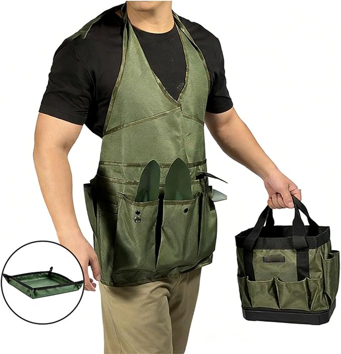 3Pcs Garden Tool Bag Organizer, Heavy Duty 600D Oxford Fabric Gardening Tote with 11 Pockets Apron Soil Replacement Mat Foldable Standable for Gardening Storage