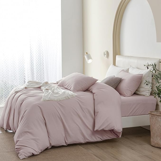 JIYUAN 100% Washed Cotton Duvet Cover Set 3 Pieces Alaska King, 1 Duvet Cover 132x120 Inches(Comforter Not Included) and 2 Pillowcases,Linen Like Comfy and Breathable,Heathered Greyish Pink