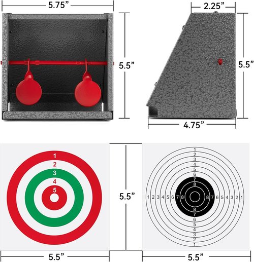 GearOZ BB Gun Target Trap - Catch Box with 20 Shooting Papers & Spinning Metal Silhouettes | Small Size for Indoor & Backyard Use