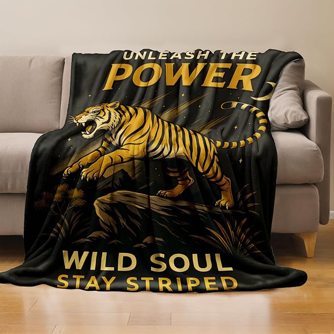 Tiger Power Throw Blanket Gifts for Boys Girls Kids Adults, Animal Flannel Blankets for Travel Sofa Living Room Decor 40"x50"