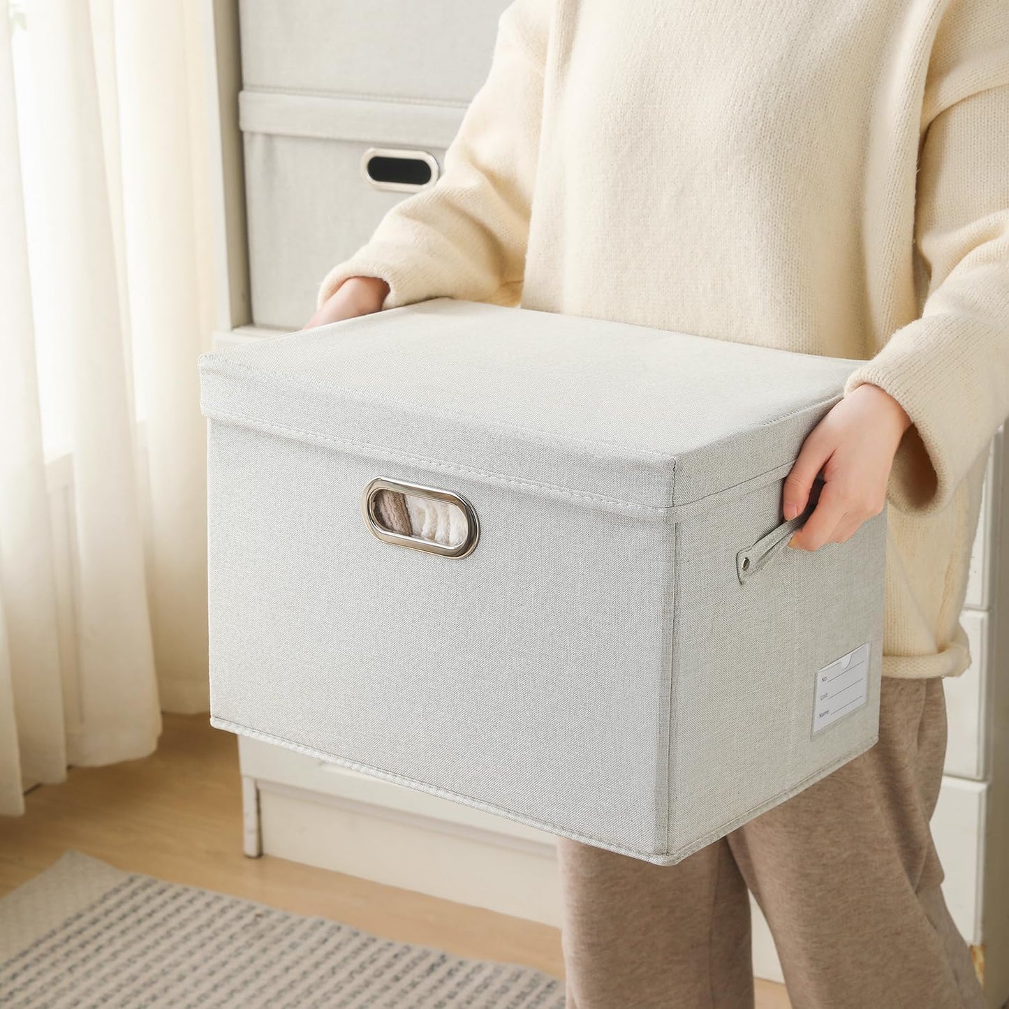 PRANDOM Collapsible Storage Bin with Lid [3-Pack] Fabric Foldable Storage Box Organizer Container Basket Cube with Cover for Home Bedroom Closet Office Beige(15.3x10x9.7)