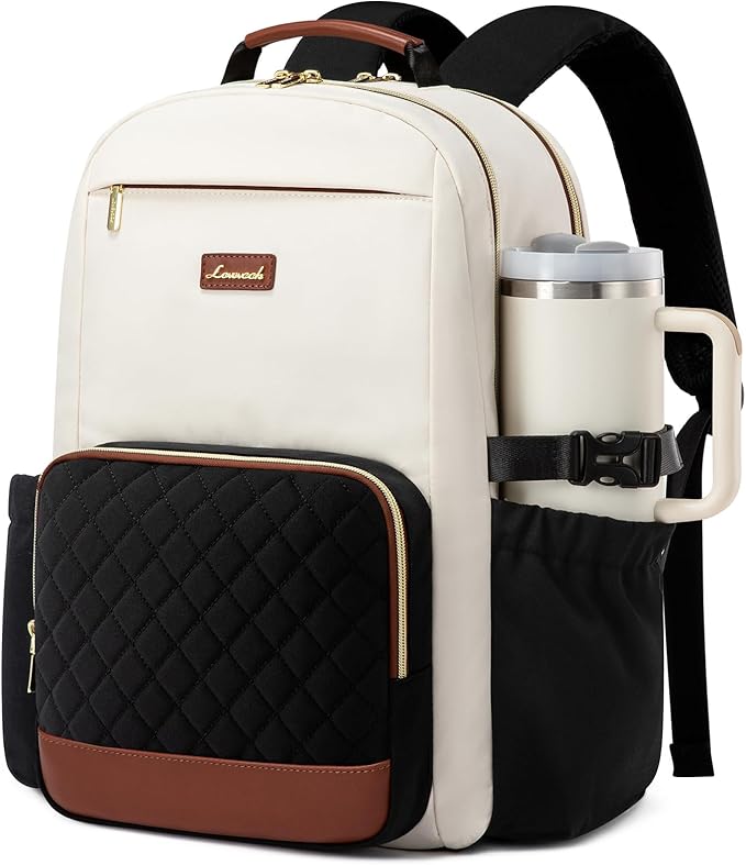 LOVEVOOK Laptop Backpack for Women with Pouch Pocket for Large Capacity Cup,18 Inch Teacher Nurse College Work Travel Backpack Purse,Waterproof Laptop Computer Bags,Beige-Black-Brown+Diamond-shaped