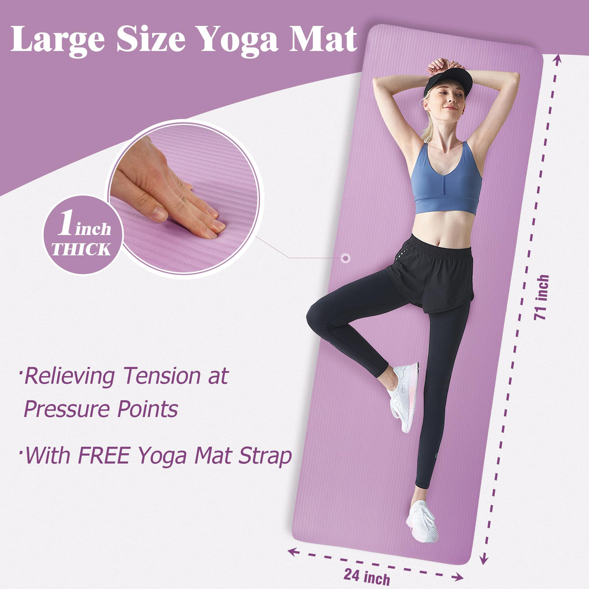 BalanceFrom Yoga Mat 1-Inch Extra Thick High-Density Exercise Mat with Non-Slip Surface & Carry Strap, Taro Purple