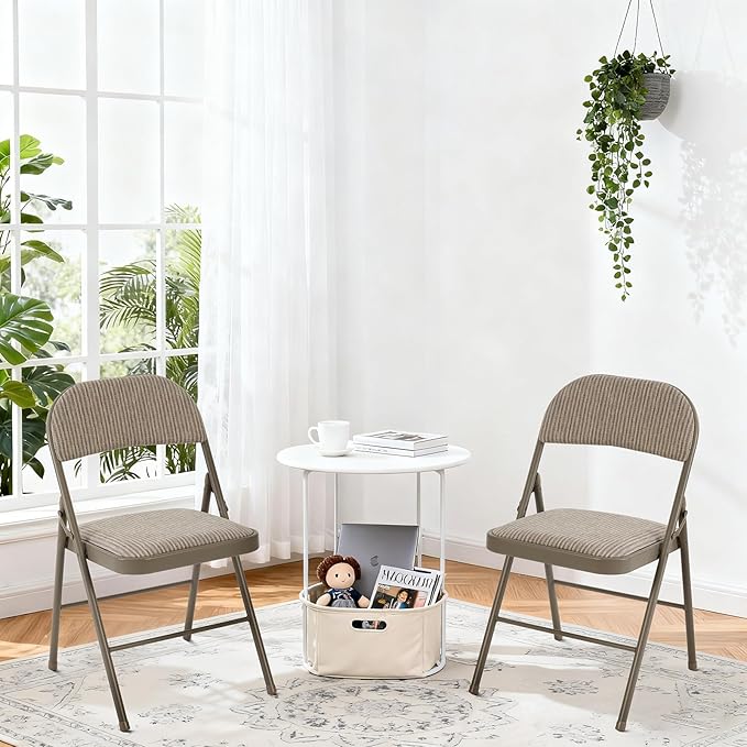 DUMOS 4 Pack Folding Chairs with Padded Cushion and Back - Fabric Stackable Portable Dining Chairs Set, for Home and Office, Conference, Wedding, Party, Patio, Garden, for Indoor Outdoor, Khaki
