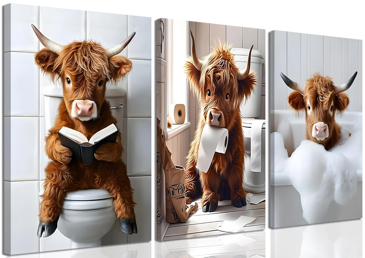 JBZDD Highland Cow Bathroom Canvas Wall Art Set of 3, Funny Cute Rustic Farmhouse Cow Prints for Bathroom Restroom Home Decor 24x16 Inch Framed