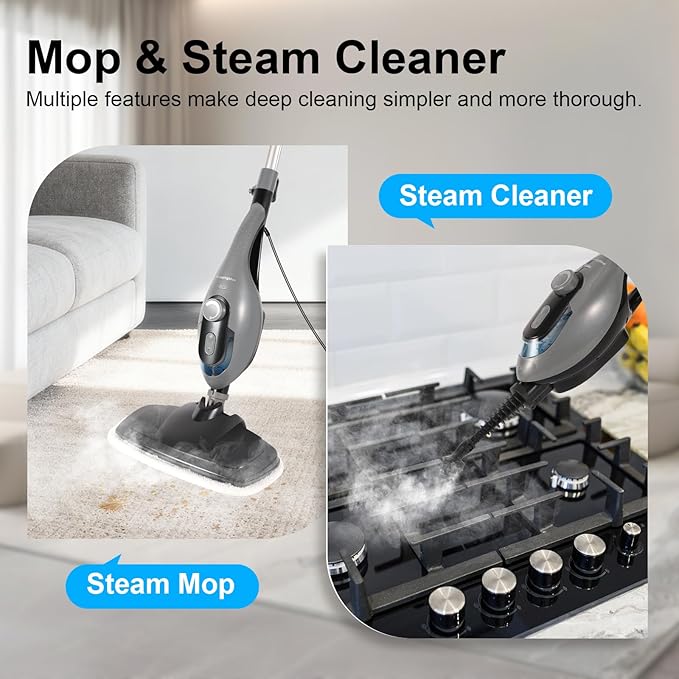 11-in-1 Steam Mop, 1550W Powerful Handheld Steam Cleaner, 260°F Multi-Functional Floor Steamer with 21.3FT Cord for Floors, Hardwood, Tiles, Grout, Windows, Kitchen, Bath, Adjustable (Grey)