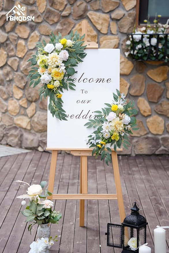 Faux Flowers Wedding Welcome Signs Floral(Pack of 2)，Wedding Arch Flowers for Wedding Decorations and Reception Backdrop Decoration Thanksgiving Halloween Party Decoration (Yellow)