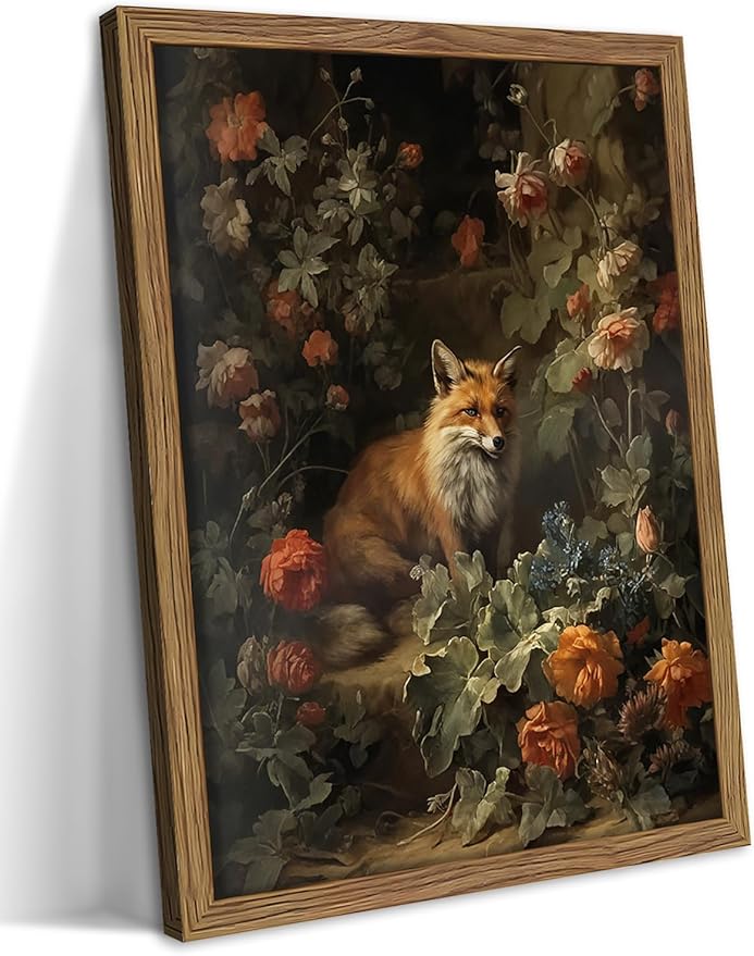 Framed Dark Academia Fox Canvas Wall Art, Sitting Fox Surrounded by Flowers