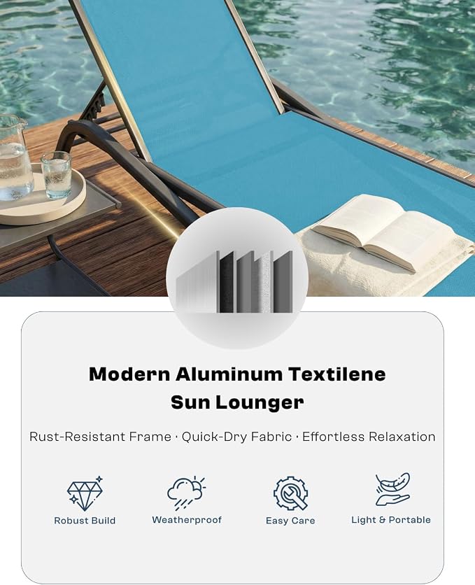 3-Piece Patio Chaise Lounge Set with Side Table, Set of 2 Adjustable Pool Chairs and Aluminum Bistro Table, All-Weather Outdoor Furniture for Pool Deck, Patio & Tanning, Sky Blue