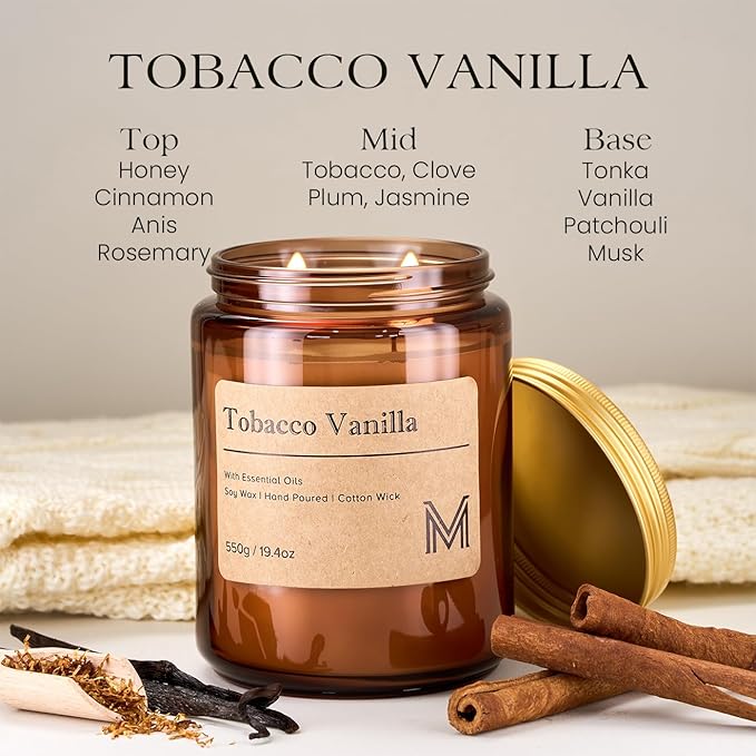 M&SENSE Tobacco Vanilla Home Scented Candle | 19.4oz, 115-Hour Burn | Natural Organic Soy Wax | Long-Lasting for Stress Relief and Gifting | for Bedroom，Relaxing SPA，Office