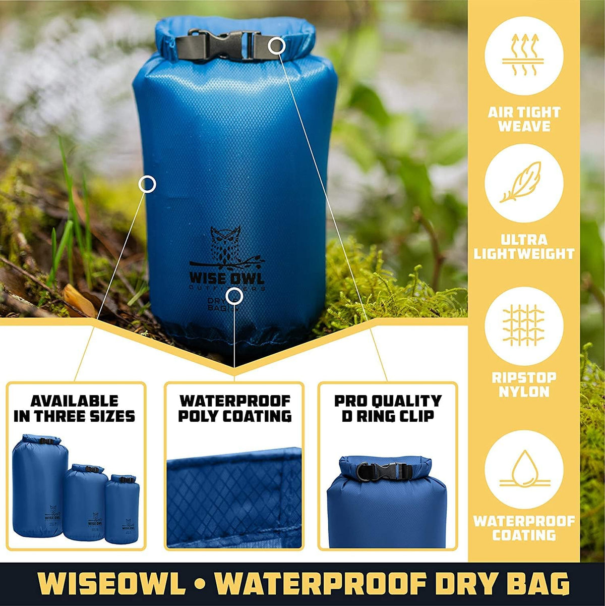 Wise Owl Outfitters Waterproof Dry Bag 3-Pack - Lightweight & Airtight 5L/10L/20L for Kayaking, Beach & Travel