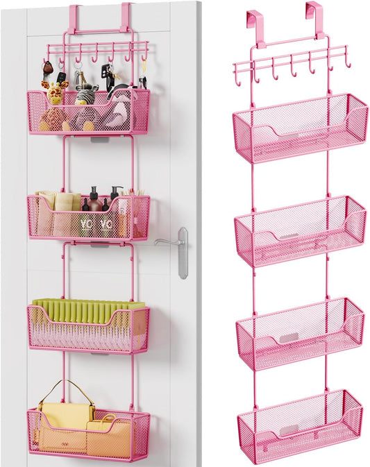 HapiRm Over Door Organizer Storage - Hanging Door Organizer with 4 Metal Large Capacity Baskets and Adjustable Coat Hook for Bathroom Bedroom Kitchen Pantry Closet Cabinet
