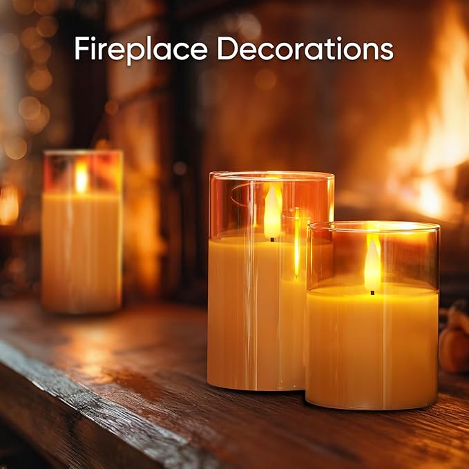 5plots Flameless Battery Operated Candles Set of 3, Gold LED Candles with Remote Timer, Real Wax Glass Pillar Candles Warm Flickering Light for Indoor Home, Halloween, Christmas Decor D3 x H4 5" 6"