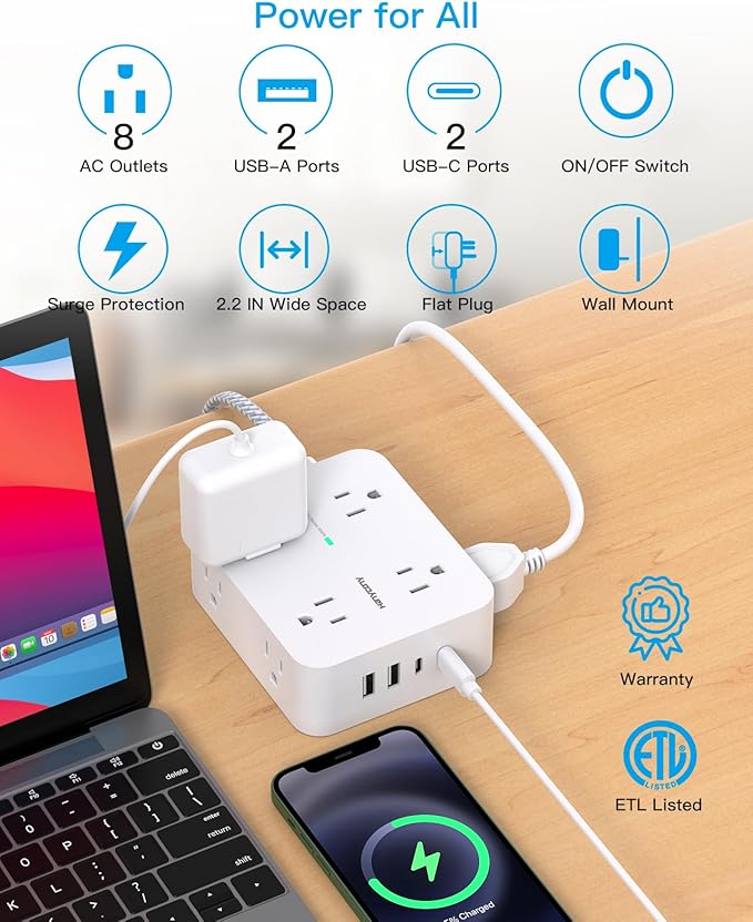 10 ft Extension Cord, HANYCONY 1080J Surge Protector Power Strip Long Cord with 8 AC Outlets and 4 USB Ports (2 USB-C), Wall Mount, Desk Charging Station for Home Office College Dorm Room Essentials