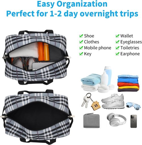 Apenze Small Gym Bag - Lightweight 14-Inch Mini Duffel for Travel & Sports - Gray White Plaid