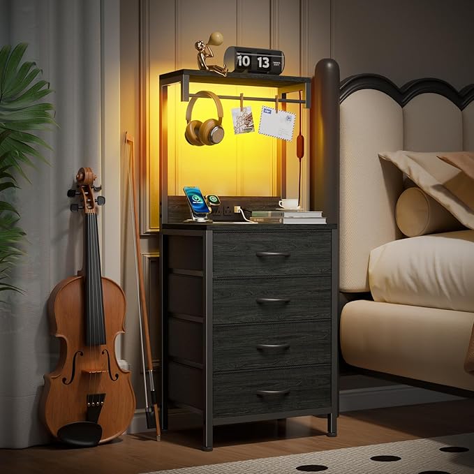 Furnulem Tall Nightstand with Charging Station, Night Stands with LED Lights and Storage Shelves, Bed Side Table for Bedroom, Hallway, Office, 4 Fabric Drawers (Black Oak)