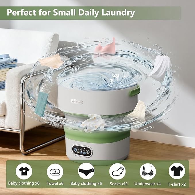 Mini Laundry Machine 16L — Foldable Portable Laundry Machine and Spinner for Baby Clothes, Underwear, Socks; Ideal for Travel, Dorms, Camping - Green