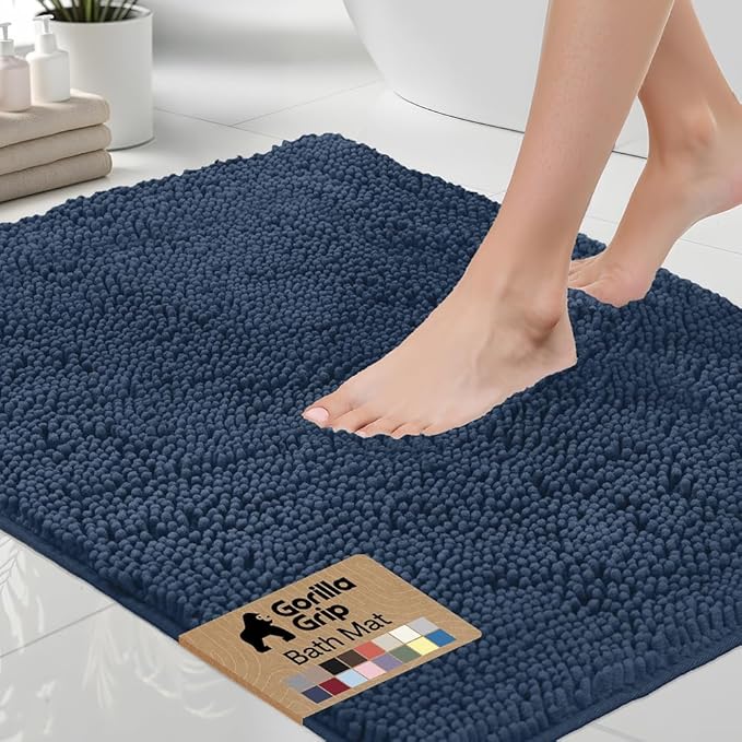 GORILLA GRIP Bath Rug Mat 48x17, Thick Soft Absorbent Chenille, Quick Dry Microfiber Mats, Rubber Backing Washable Shower Floor Rugs, Bathmat Runner, US Designed Bathroom Home Decor Accessories Navy