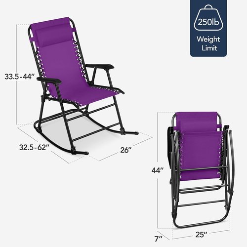 Best Choice Products Zero Gravity Rocking Chair - Folding Reclining Patio Lounge with Adjustable Pillow, Amethyst Purple