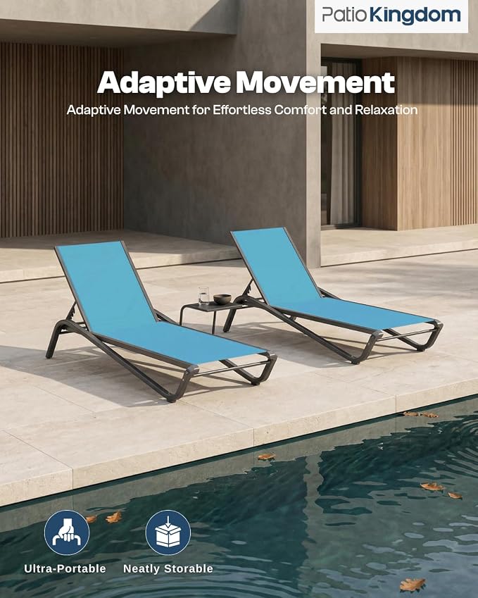 Patio Chaise Lounge Chairs Set of 4, All-Weather Aluminum Pool Loungers for Outside, 5-Position Adjustable Sunbathing Chairs for Tanning, Stackable for Backyard, Poolside, Sky Blue