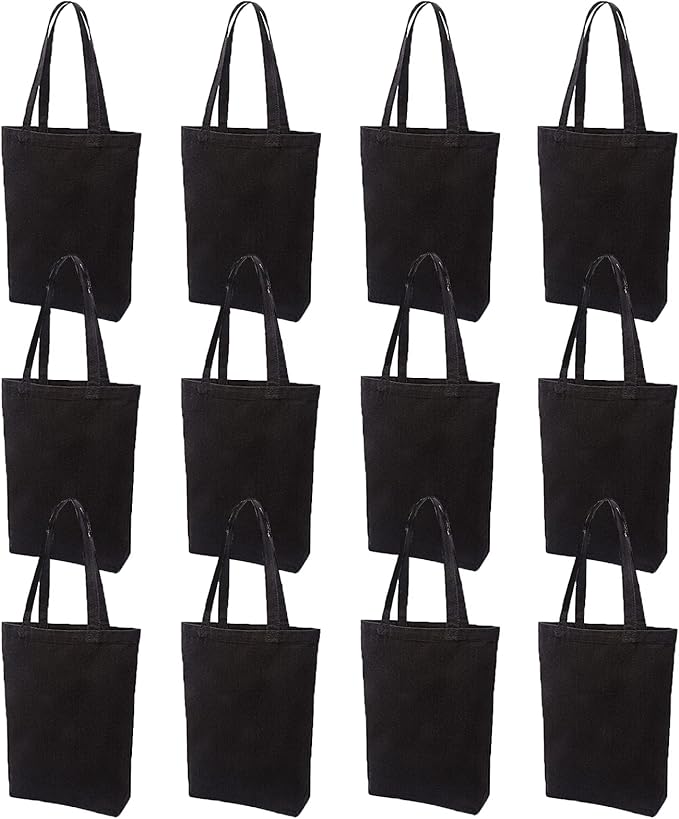 Lily queen Natural Canvas Tote Bags DIY Reusable Shopping Grocery Bag (Black - 12 Pack)
