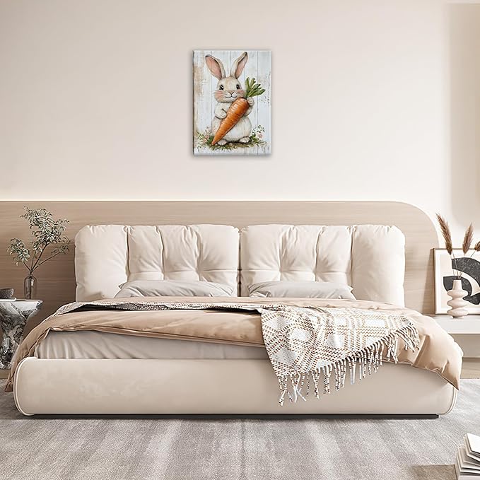 Rabbit Wall Art, Easter Bunny Pictures Wall Decor, Farmhouse Rabbit Carrot Canvas Prints, Rustic Cute Animal Painting Framed Artwork for Bathroom Living Room Bedroom Office Dining Room 16"X12"