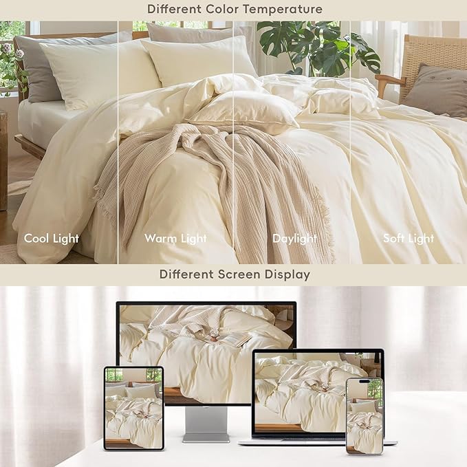 MooMee Bedding Duvet Cover Set 100% Washed Cotton Linen Like Textured Breathable Durable Soft Comfy (Solid Cream White, Oversized Queen 98"x98")