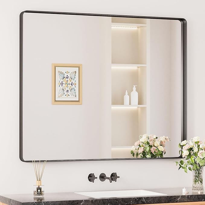 Keonjinn Black Bathroom Mirror for Over Sink, 42 x 36 Inch Large Rounded