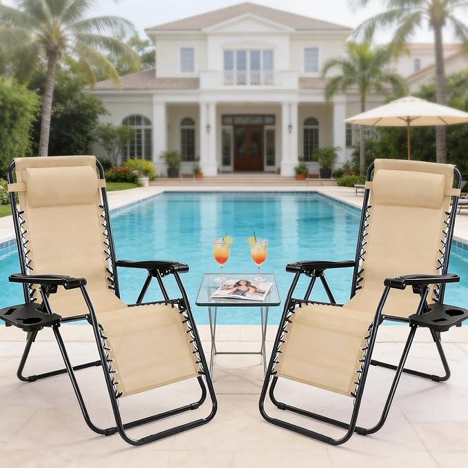NEWBULIG Zero Gravity Chairs Set of 2, Lounge Chair Folding Portable Adjustable Camping Recliner with Adjustable Pollow, Mesh Back, Cup Holder Trays Lawn Patio Chair for Pool Beach